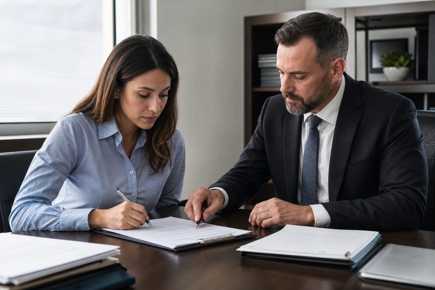 Worker filling out a wage claim form with an employment attorney at a desk.