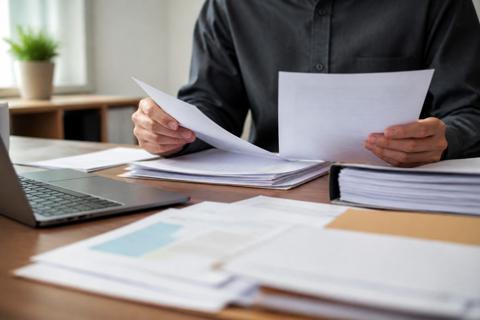 Worker sorting printed emails and documents on a desk to build evidence for a workplace retaliation case.