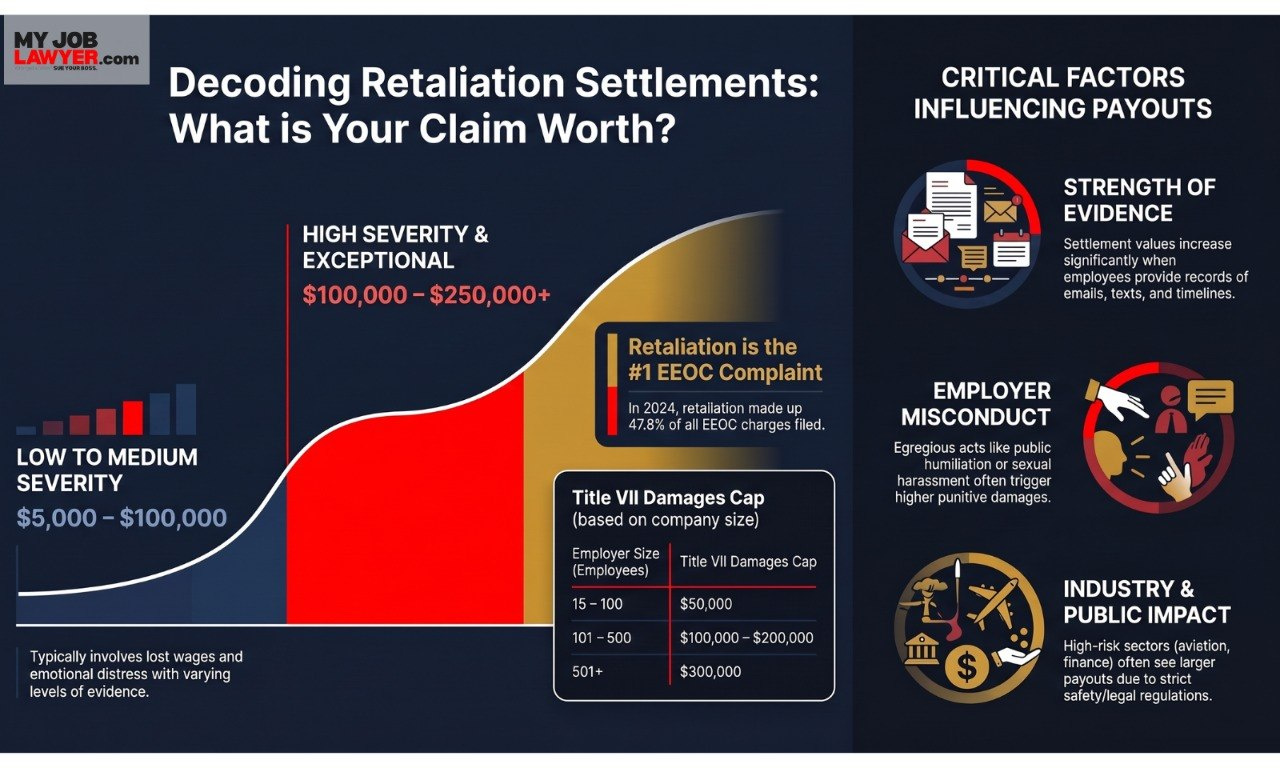 Infographic showing retaliation settlement ranges from $5,000 to $250,000+ by severity and Title VII damages caps by employer size.