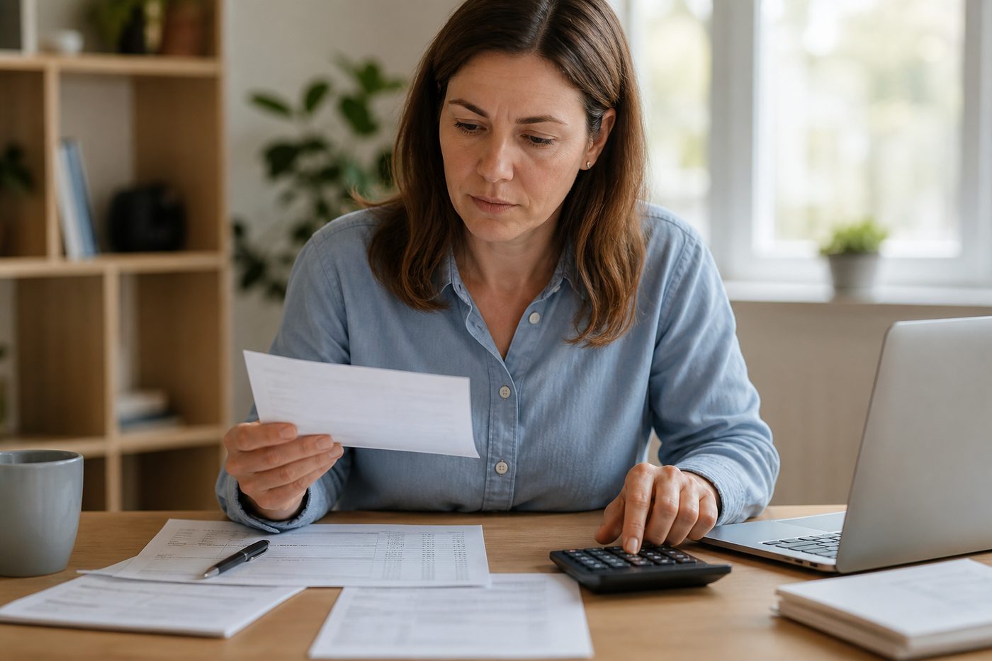 Employee reviewing a pay stub with a calculator to check for unpaid wages.
